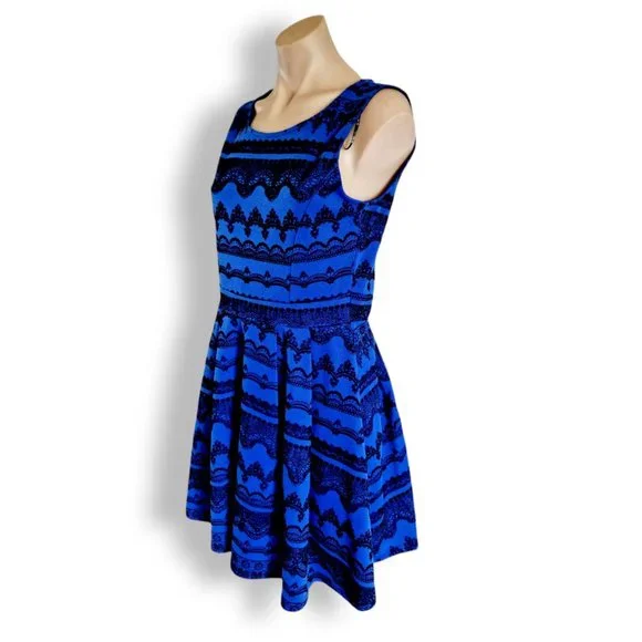 Chicaboom, black + blue, fit + flare, high neck, sleeveless, short dress - Picture 2 of 9